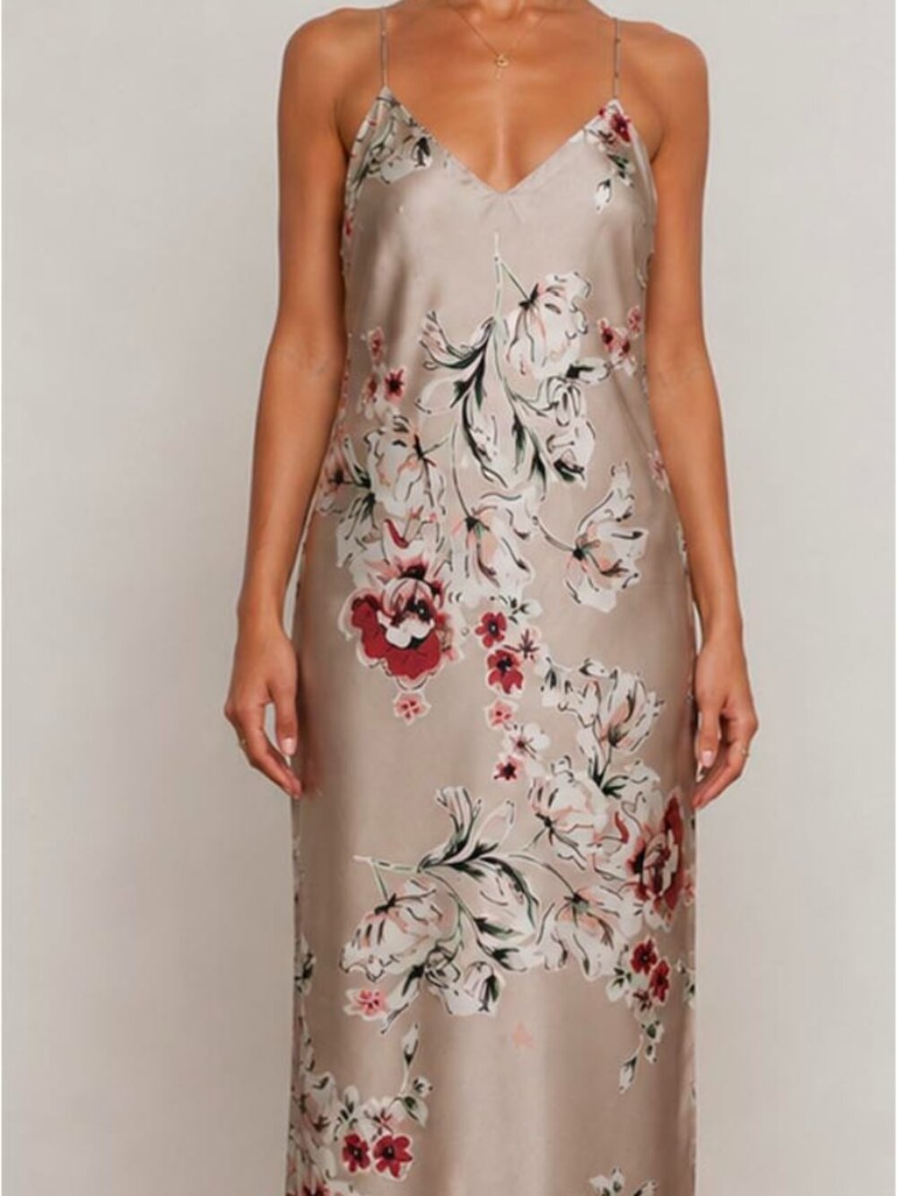 Women's Satin Floral Maxi Slip Dress with Side Slit & Cowl Back